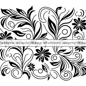 May include: Black and white floral design with intricate swirls and leaves. The design features a repeating pattern of flowers and leaves.