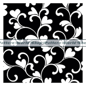 May include: Black and white seamless pattern featuring a repeating design of stylized hearts and swirls.