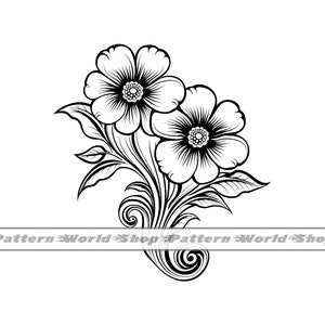May include: Black and white line art illustration of two stylised flowers with leaves and a decorative swirl.