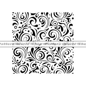 May include: Black and white seamless pattern featuring swirling floral designs. The pattern is made up of repeating swirls, dots, and leaves.