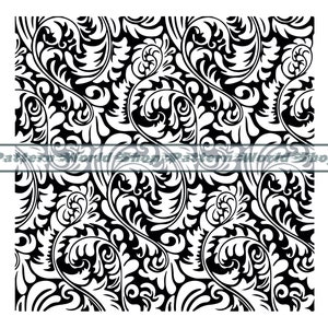 May include: Black and white seamless pattern featuring a swirling floral design. The pattern is intricate and detailed, with a repeating motif of leaves and flowers.