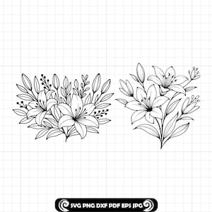 Lily Flower SVG PNG DXF, Floral Bouquet Cut File, Botanical Lily Line Art for Cricut and Silhouette, Elegant Flower Clipart Design