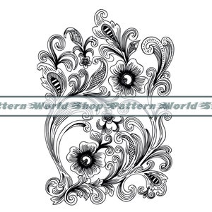 May include: Black and white line art illustration of a floral design with intricate swirls and flowers. The design is reminiscent of a vintage or traditional style.