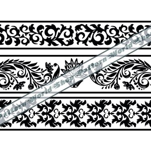 May include: Three black and white floral border designs. The top and bottom borders feature a repeating pattern of stylized leaves and swirls. The middle border features a repeating pattern of stylized leaves and flowers.