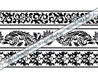 May include: Three black and white floral border designs. The top and bottom borders feature a repeating pattern of stylized leaves and swirls. The middle border features a repeating pattern of stylized leaves and flowers.