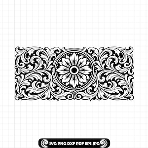 May include: Black and white floral scroll design. The rectangular design features a central circular floral element surrounded by intricate swirling patterns and leaves. The bottom right corner includes the text "SVG PNG DXF PDF EPS JPG".