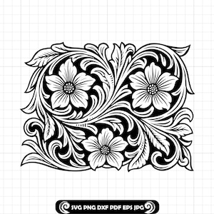 May include: A black and white floral design featuring three flowers and detailed leaves and swirls. The rectangular design includes the text "SVG PNG DXF PDF EPS JPG".