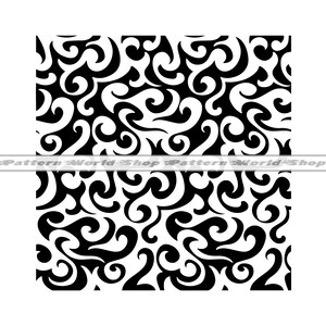 May include: Black and white seamless pattern with a swirling, abstract design. The pattern is made up of repeating shapes that resemble waves or flames.