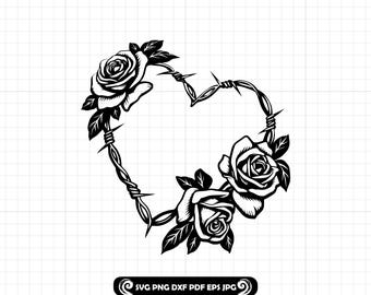 Corona de rosas con forma de corazón y alambre de púas (SVG, PNG, DXF) Archivo de corte de tatuaje de corazón para Cricut