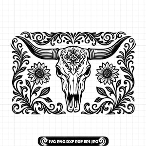 May include: Black and white graphic of a bull skull with large horns, floral details, and sunflowers. The skull is centered within a rectangular frame of ornate leaves and swirls. The image includes the text "SVG PNG DXF PDF EPS JPG".