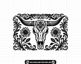 Cráneo de cuernos largos occidental SVG PNG DXF, marco floral de cuero repujado, patrón de tallado de cráneo de vaca, archivo de corte con borde de girasol bohemio
