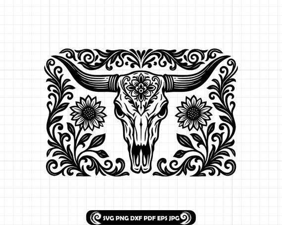 Western Longhorn Skull SVG PNG DXF, Tooled Leather Floral Frame, Cow Skull Carving Pattern, Boho Sunflower Border Cut File