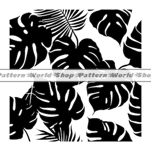May include: Black and white silhouette pattern of tropical leaves, including monstera and palm leaves. The pattern is seamless and can be used for various design projects.
