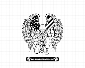 Praying Soldier Angel Wings SVG PNG DXF, Veteran Memorial Cut File