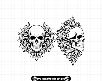 Pergaminos de calavera con herramientas SVG PNG DXF, archivo de corte de calavera estilo tatuaje gótico para Cricut y láser