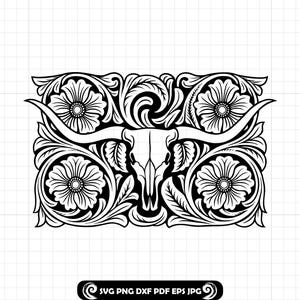 May include: Black and white decorative design featuring a longhorn skull with curved horns, surrounded by floral and leaf patterns. The design includes four large flowers and intricate scrollwork, suitable for various craft projects.