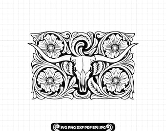 Longhorn Skull Tooled Leather Pattern SVG PNG DXF, Leather Tooling Svg, Western Flower Floral Carving Design, Cut File Cricut Silhouette