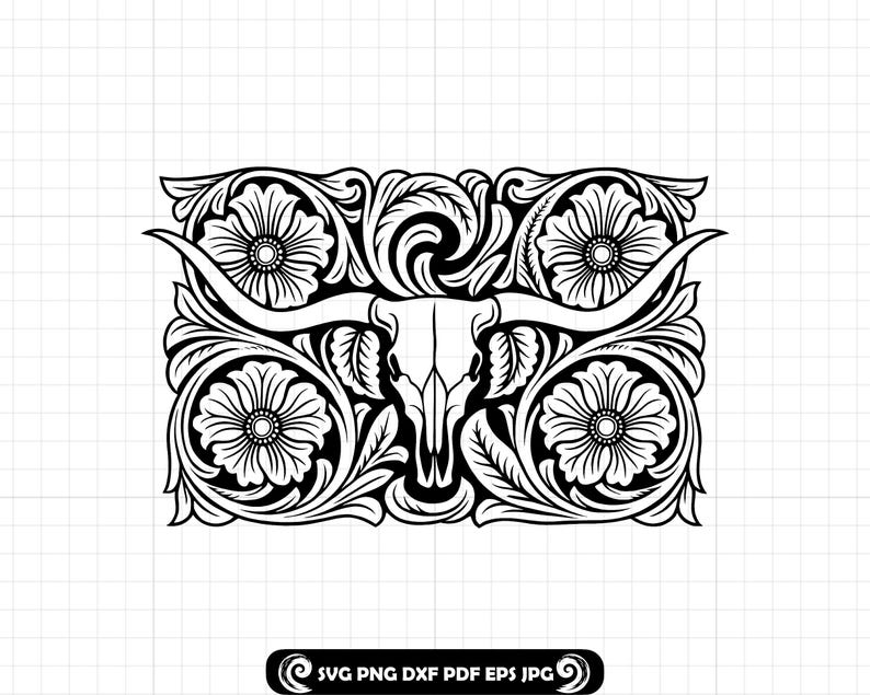 May include: Black and white decorative design featuring a longhorn skull with curved horns, surrounded by floral and leaf patterns. The design includes four large flowers and intricate scrollwork, suitable for various craft projects.