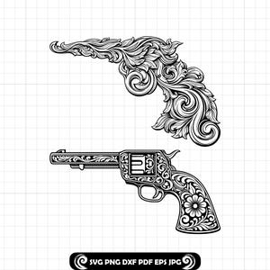 May include: Black and white illustration of two ornate revolvers. The top revolver is a stylized floral design. The bottom revolver features detailed engravings, including a floral pattern on the handle and the number "3" on the cylinder.