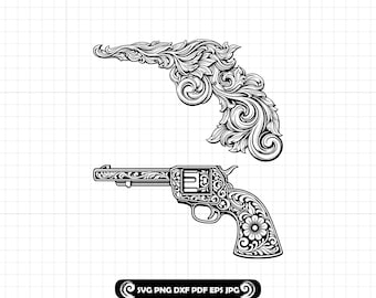 Adorno de revólver de cuero repujado SVG PNG DXF, archivo de corte vectorial floral occidental
