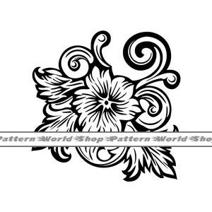 May include: Black and white floral design with intricate swirls and a large flower in the centre.