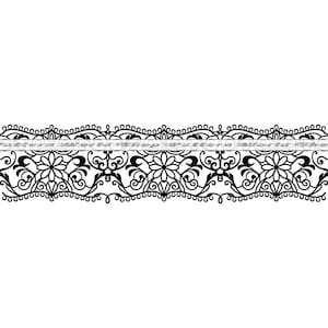 May include: Black and white intricate lace border design with a repeating floral pattern. The design features a series of connected swirls and loops.