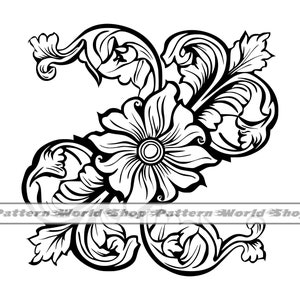 Può includere: Illustrazione in bianco e nero di un disegno floreale stilizzato con dettagli intricati. Il disegno presenta un grande fiore con un cerchio centrale e petali a spirale, circondato da foglie e viti più piccole.