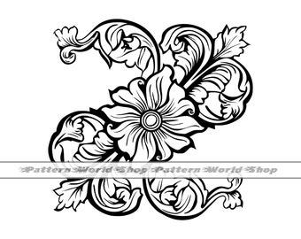 Sculpture motif SVG, cuir repoussé motif SVG, motif de sculpture sur bois, motif floral occidental, façonnage du cuir, tourbillons, Swoosh, défilement