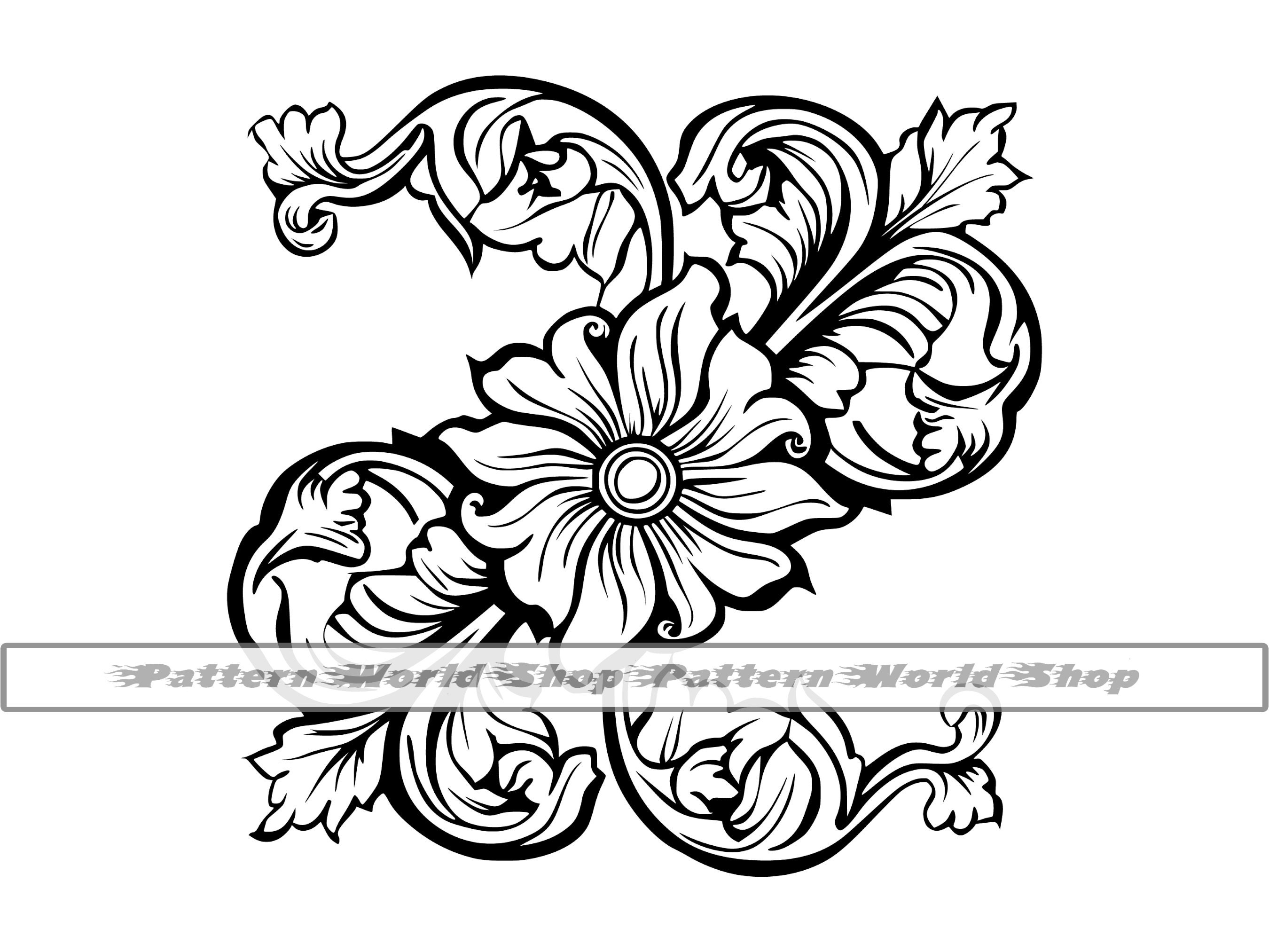 Carving Pattern SVG, Tooled Leather Pattern SVG, Wood Carving Pattern,  Western Floral Pattern, Tooling Leather, Swirls, Swoosh, Scroll