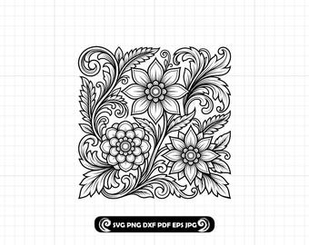 Tooled Leather Floral Pattern SVG PNG DXF, Tooling Carving Design for Cricut & Laser #127