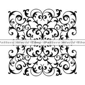 May include: Black and white intricate floral design with a repeating pattern of swirls and curls. The design is symmetrical and creates a sense of elegance and sophistication.