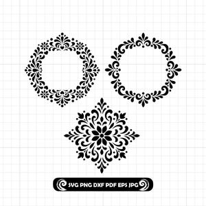 May include: Black floral design elements in a vector graphic. The image features three distinct designs: a square frame, a circular frame, and a symmetrical floral pattern. The designs are set against a white grid background. The bottom of the image includes text: SVG PNG DXF PDF EPS JPG.