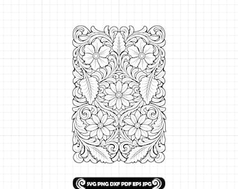 Cuero repujado SVG PNG DXF, Patrón de cuero repujado, Diseño floral tallado con flores del oeste, Envoltura para vaso, Archivo de corte Cricut Silhouette n.° 124