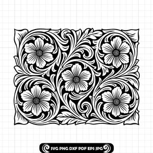 Könnte beinhalten: Schwarz-weißes Blumenmuster mit fünf Blüten und wirbelnden Blättern. Das symmetrische Design eignet sich für verschiedene Bastelprojekte. Der Text "SVG PNG DXF PDF EPS JPG" ist enthalten.