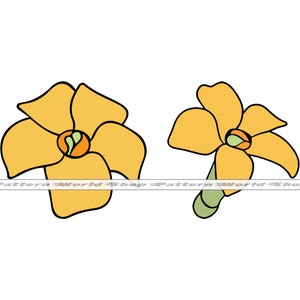 May include: Two yellow flowers with orange centers and green leaves. The flowers are drawn in a simple, cartoon style.
