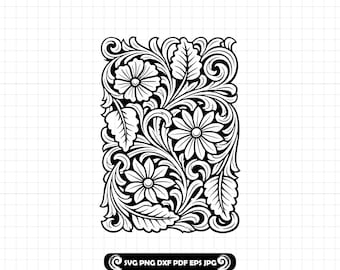 Cuero repujado SVG PNG DXF, Patrón de repujado de cuero, Diseño floral tallado con flores del oeste, Envoltura para vaso, Archivo de corte Cricut Silhouette n.° 190