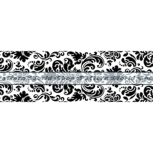 May include: Black and white damask pattern with a repeating floral design. The pattern is on a white background and the flowers are black.