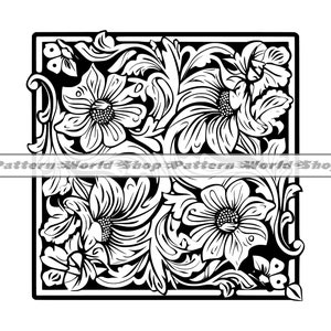 May include: Black and white floral design with intricate details. The design features stylised flowers and leaves within a square frame.
