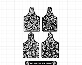 Paquete SVG PNG DXF de etiquetas para orejas, etiqueta floral para vaca de cuero repujado estilo western, parche ganadero grabado con láser, diseño de archivo de corte de etiqueta para ganado
