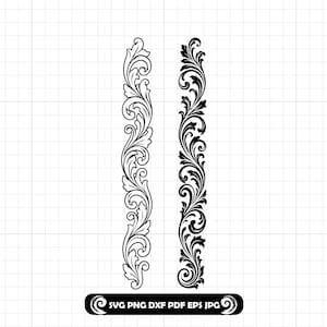 May include: Two vertical, ornate floral designs in black and white. The designs feature swirling leaves and scrollwork, with a detailed, symmetrical pattern. The bottom of the image includes the text "SVG PNG DXF PDF EPS JPG".