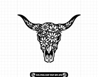 Cráneo de vaca floral occidental SVG PNG DXF, diseño bohemio de calavera con archivo de corte de flores silvestres