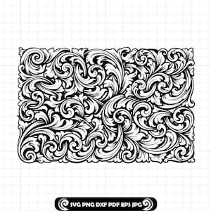 May include: Black and white rectangular design featuring an ornate floral pattern. The design is filled with swirling leaves and vines, creating a detailed and elegant look. The bottom right corner includes the text "SVG PNG DXF PDF EPS JPG".