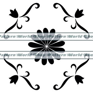 May include: Black and white floral design with a stylized flower in the center and four stylized leaves at the corners. The design is symmetrical and has a vintage feel.