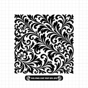 May include: A black and white square graphic design featuring a dense, repeating pattern of swirling acanthus leaves and stylized floral blossoms. Below the main design, a black rectangular label contains the white text SVG PNG DXF PDF EPS JPG.