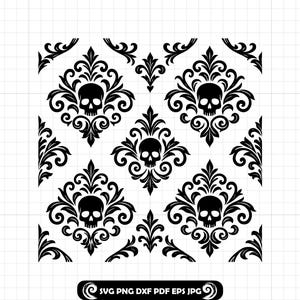 Gothic Skull Damask Pattern SVG PNG DXF, Seamless Halloween Skull Design, Gothic Wallpaper Clipart, Spooky Floral Vector Cut File