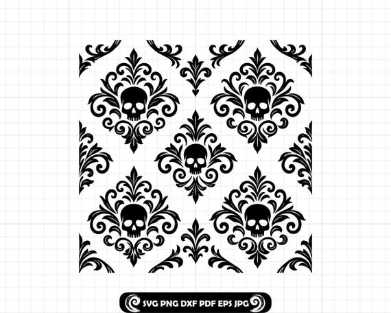 Gothic Skull Damask Pattern SVG PNG DXF, Seamless Halloween Skull Design, Gothic Wallpaper Clipart, Spooky Floral Vector Cut File