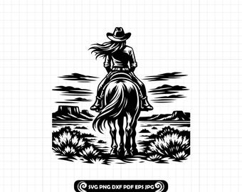 Jinete de vaquera SVG PNG DXF, archivo de corte para montar a caballo, silueta de rancho occidental