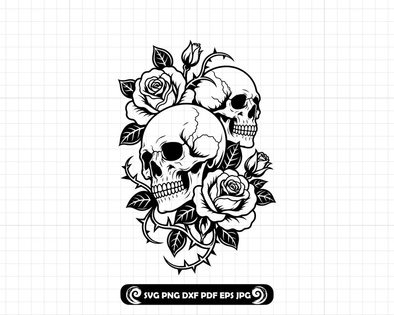 Skulls and Roses SVG PNG DXF: Gothic Skull Rose Tattoo Design Cut File ...