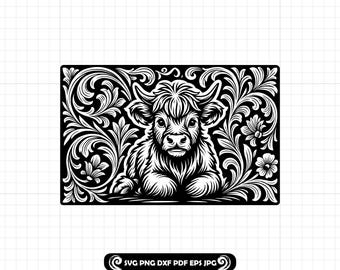 Vaca de las Tierras Altas SVG PNG DXF, Marco floral de cuero repujado, Diseño rústico de ternero, Archivo de corte bohemio occidental