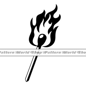 May include: Black and white silhouette of a matchstick with a flame on the top. The matchstick is lit and the flame is burning.